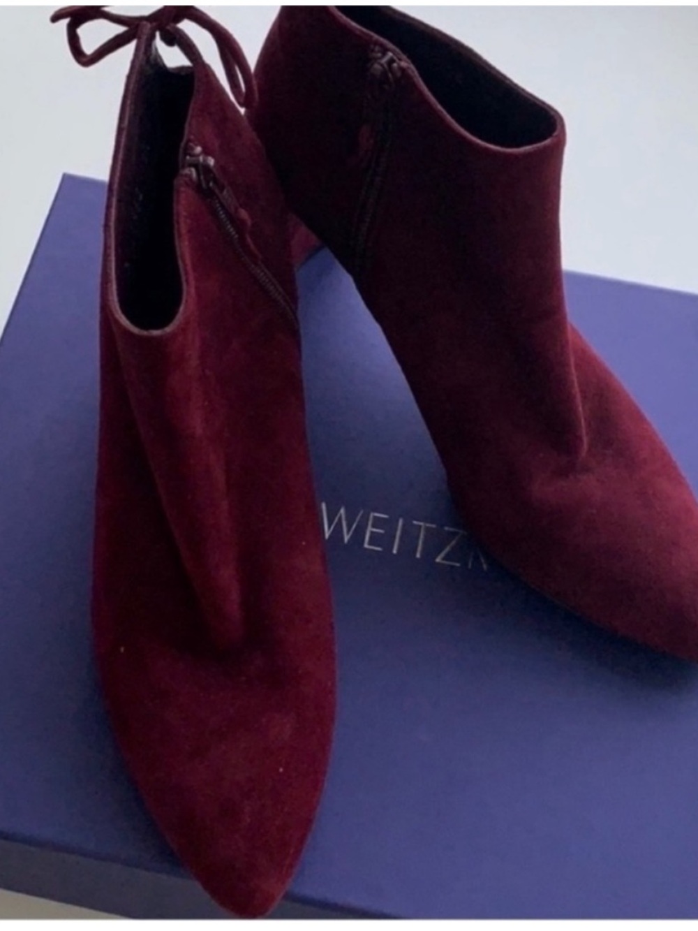 Stuart Weitzman Lofty Burgundy Suede Block Heel Tie Back Ankle Boots 8 1/2
